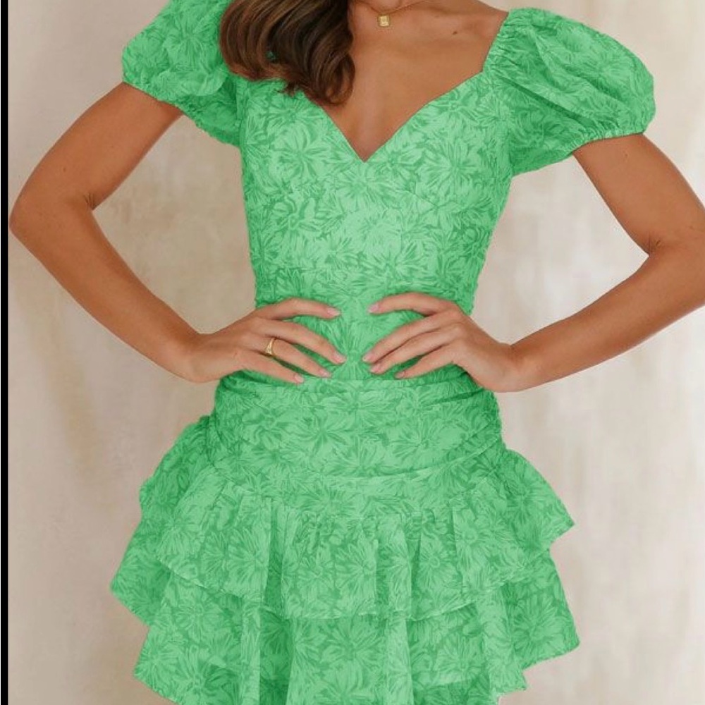 Vibrant Green Floral Mini Dress with Puff Sleeves